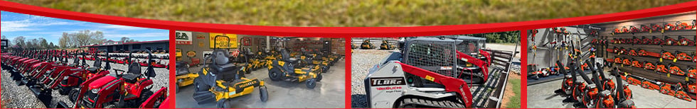 Yellow farm equipment attachment, red farm equipment attachment, red seated mowers lined up, yellow farm equipment attachment